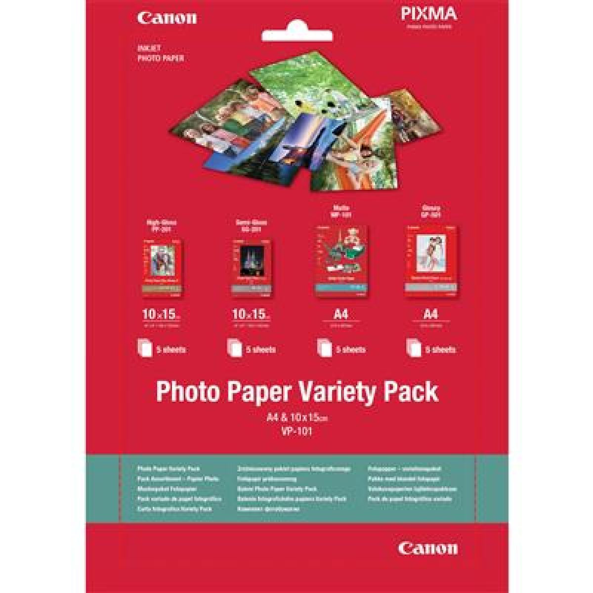 Canon VP-101 Photo Paper Variety Pack 4x6 and A4 for Ink & Ink Tank - 20 Sheets