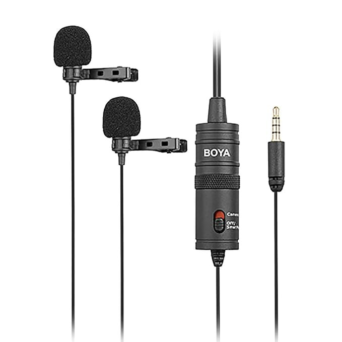 Boya BY-M1DM Dual Lavalier Universal Auxiliary Omnidirectional Microphone with a Single 1/8 Stereo Connector, 13ft Cable for Cameras and Smmartphones, Black
