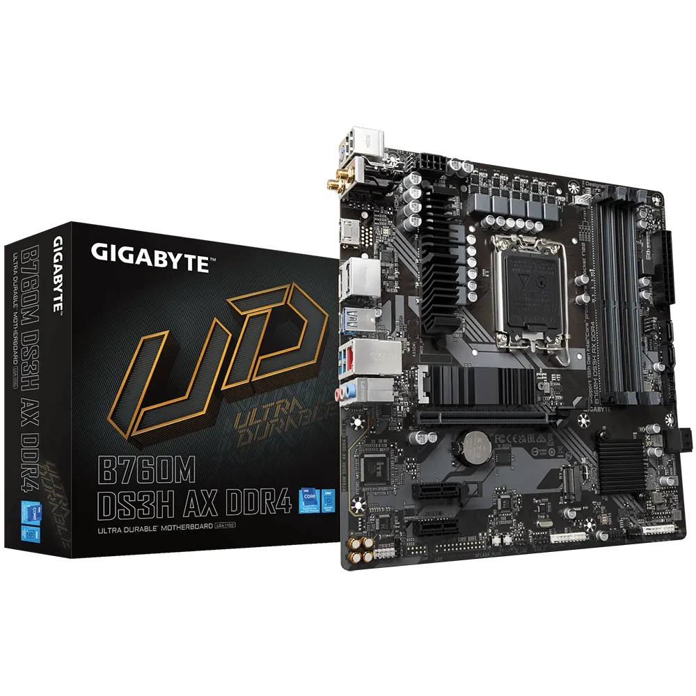 GIGABYTE B760M DS3H AX DDR4 Intel® B760 LGA 1700 (14Th, 13Th & 12Th Gen), mATX Motherboard, 6 + 2 + 1 Phases Hybrid Digital VRM, PCI-E 4.0, Wi-Fi 6E Ready, 2.5Gb LAN, 4 RAM DIMMS, 2 M.2 Slots