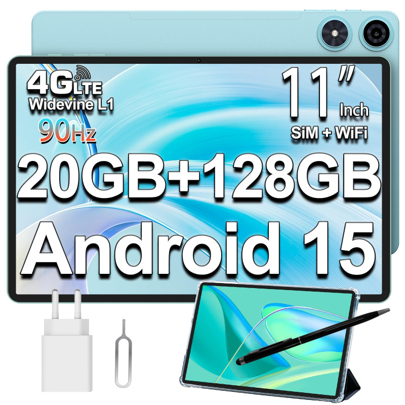 TECLAST P50 11-Inch Android 15 Tablet 90Hz, 20GB RAM+128GB ROM (5TB TF), 4G LTE SIM+5GWiFi, 2GHz Octa-Core, Tablet with Case + Stylus Pen, GPS/7000mAh/8MP/Type-C/3.5MM/Widevine L1-2025