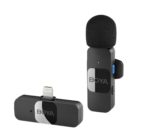 Boya BY-V1 Ultracompact 2.4Ghz Omnidirectional Wireless Lavalier Microphone with lightning Port Compatible with IOS Devices, Up to 50m Transmission, 9 Hours Battery - Black
