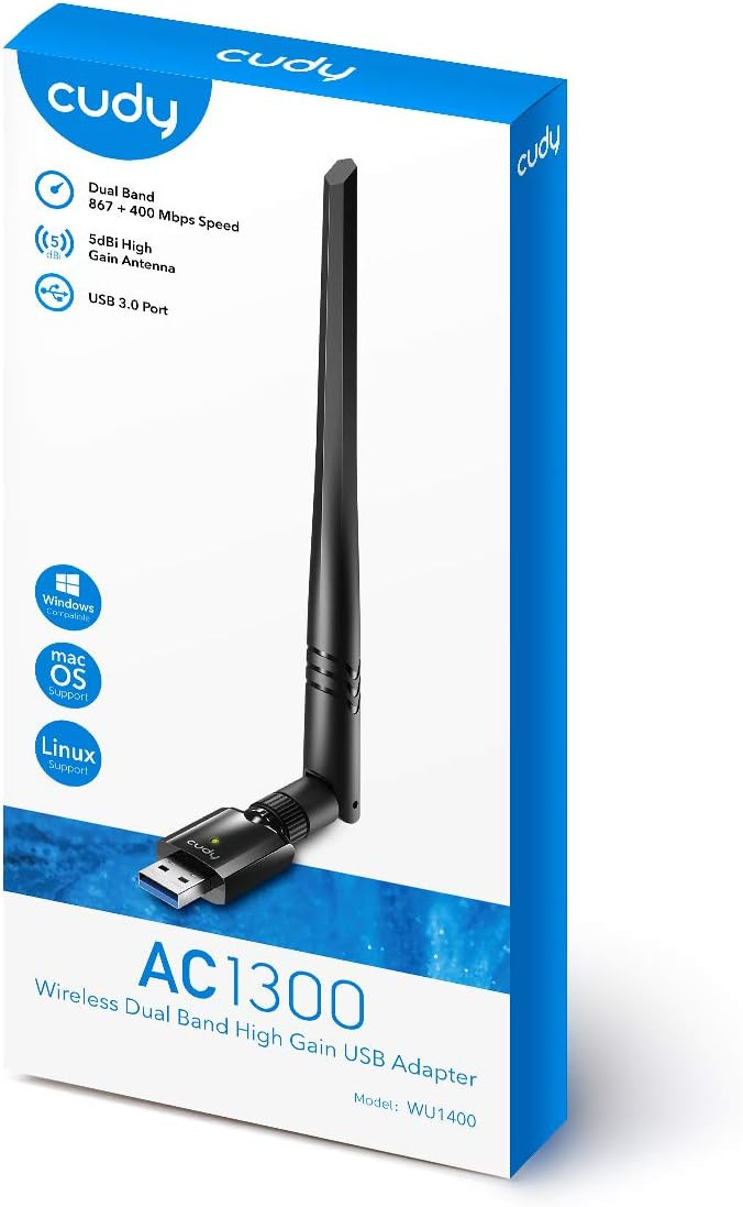 Cudy WU1400 AC 1300Mbps USB 3.0 Dual Band WiFi Adapter for PC, 400Mbps + 867Mbps USB Wireless Dongle, 5Ghz + 2.4Ghz, 5dBi High Gain Antenna, Compatible with Windows 7/8 / 8.1/10, Mac OS, Linux,