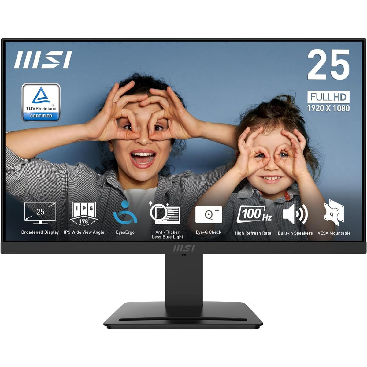 MSI PRO MP253 24.5-inch IPS 1920 x 1080 (FHD) 300 cd/m2 Computer Monitor, 100Hz, Adaptive-Sync, HDMI, DP Port, VGA Port, VESA Mountable, Tilt, W/ Speaker, 1ms, Black