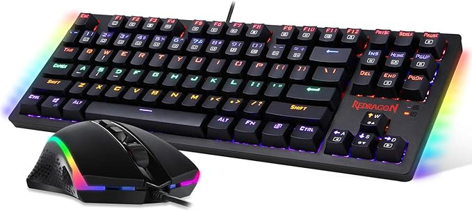 Redragon ESSENTIALS S113 Gaming Keyboard Mouse Combo Wired Mechanical LED RGB Rainbow Keyboard Backlit with Brown Switches and RGB Gaming Mouse 4200 DPI for Windows PC Gamers