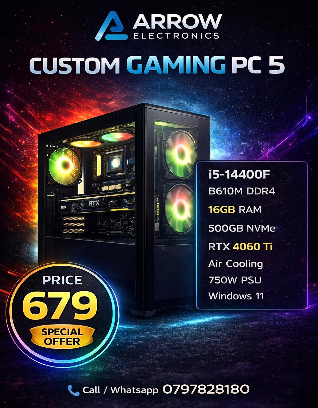 CUSTOM gaming pc (pc-5) Core i5-14400F / AIR COOLING / M.B H610M DDR4 / 16GB 3200 / RTX 4060TI 8GB DDR6 / GAMING CASE /POWER SUPPLY 750W / SSD 500GB NVME
