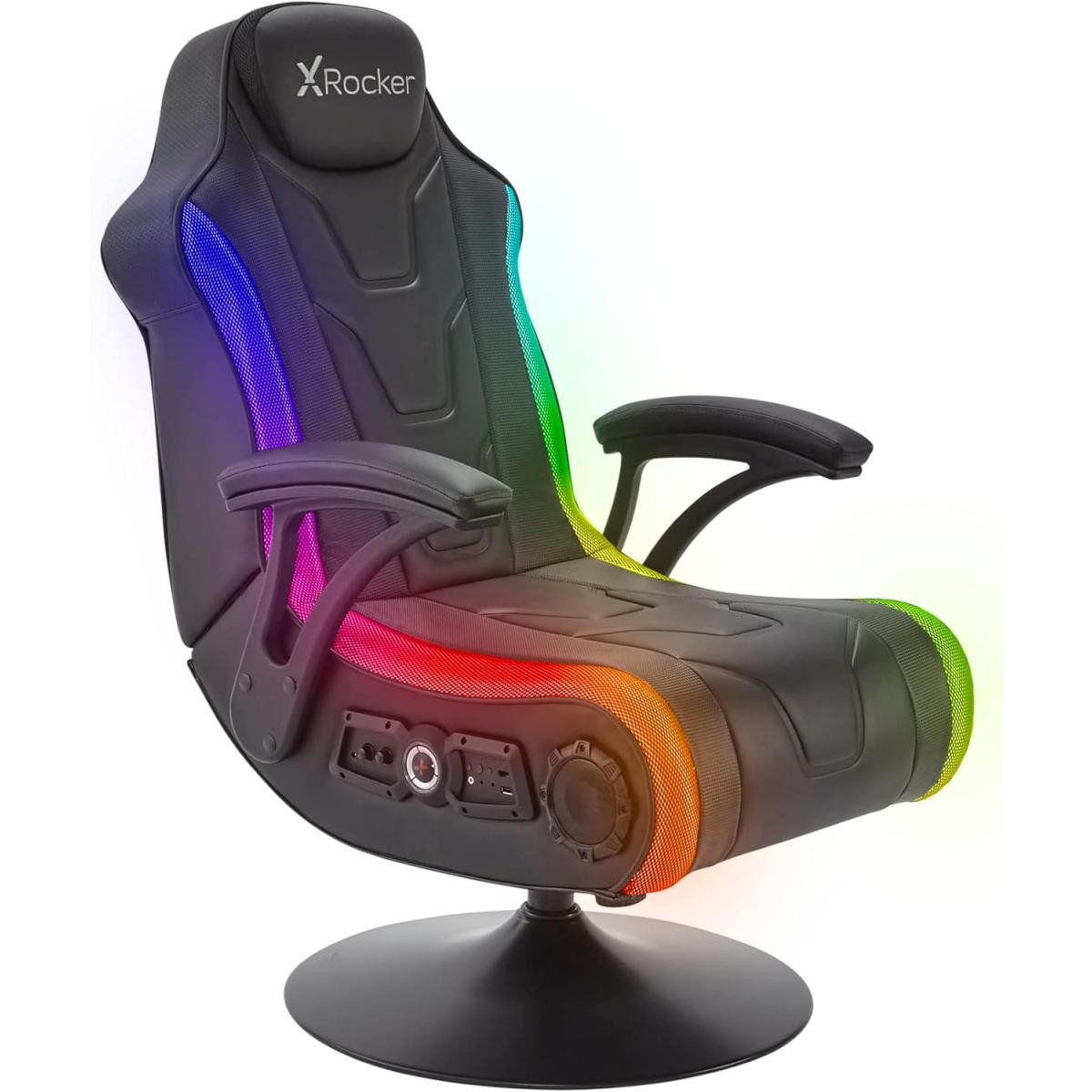X-Rocker Monsoon RGB 4.1 Audio Pedestal Gaming Chair, 4.1 Surround Sound Light Up Gaming Seat w/ 30 Neo Motion RGB Settings, Bluetooth Wireless Speakers, Subwoofer and Vibration, Padded Armrests Faux