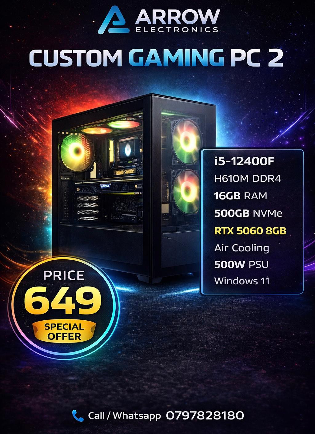 CUSTOM gaming pc (pc-2) Core i5-12400F / AIR COOLING / M.B H610M DDR4 / 16GB 3200 / RTX 5060 8GB DDR7 / GAMING CASE /POWER SUPPLY 500W / SSD 500GB NVME