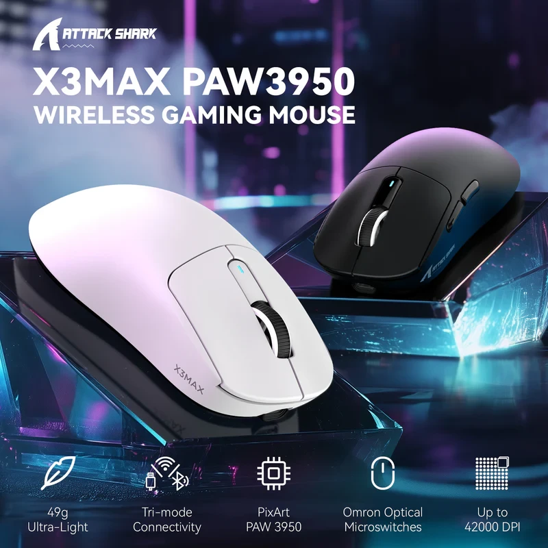 ATTACK SHARK X3 MAX PAW3950 Wireless Gaming Mouse 49g SUPERLIGHT Mouse, PixArt PAW3950 Gaming Sensor, 6 Adjustable DPI up to 42000, Bluetooth/2.4G Wireless/Wired