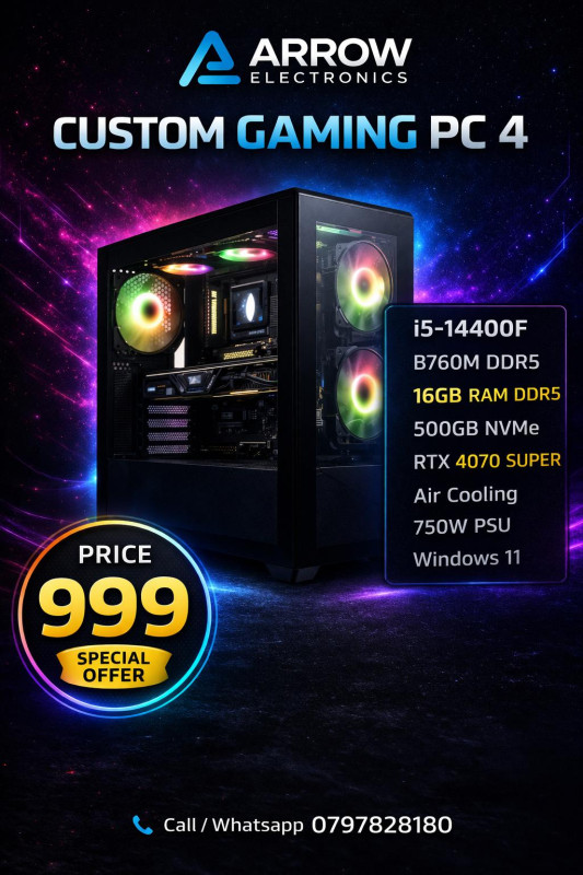 CUSTOM gaming pc (pc-4) Core i5-14400F / AIR COOLING / M.B B760M DDR5 / 16GB 5600 / RTX 4070 SUPER 12GB DDR6 / GAMING CASE /POWER SUPPLY 750W / SSD 500GB NVME
